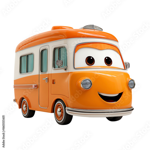 3D Orange Camper Van with Smiling Face in Cartoon Style – Isolate on Transparent White Background