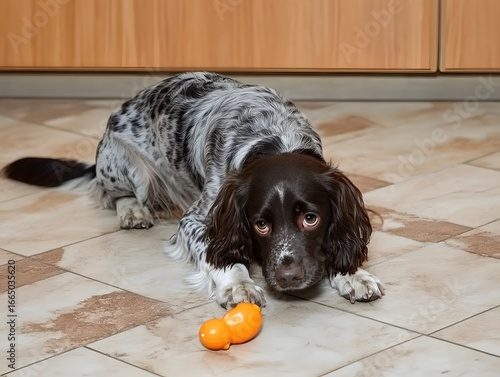 Sad Spaniel Dog on Tile Floor with Toy
