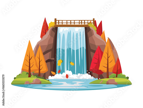 A vibrant digital illustration of a waterfall and a stone bridge, with a wooden bench on the bank and surrounded by autumn trees with colorful red and orange leaves