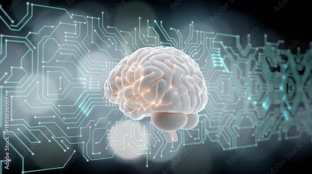 Digital human brain glowing with rotating circuit board