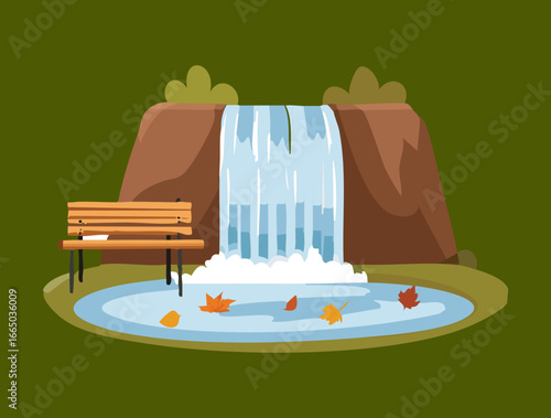  Tranquil waterfall with a wooden bench and colorful autumn leaves in a peaceful pond illustration