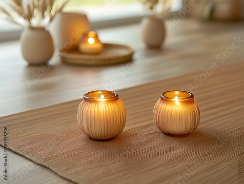 Two Lit Candles on Beige Table Runner, Cozy Home Decor
