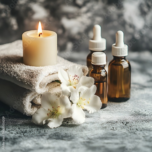 Spa Relaxation, Scented Candle, Essential Oils, and White Flowers