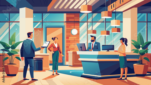 People interacting in a modern office reception area