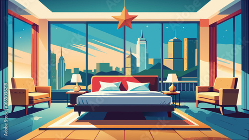 Illustration of modern bedroom with city skyline view
