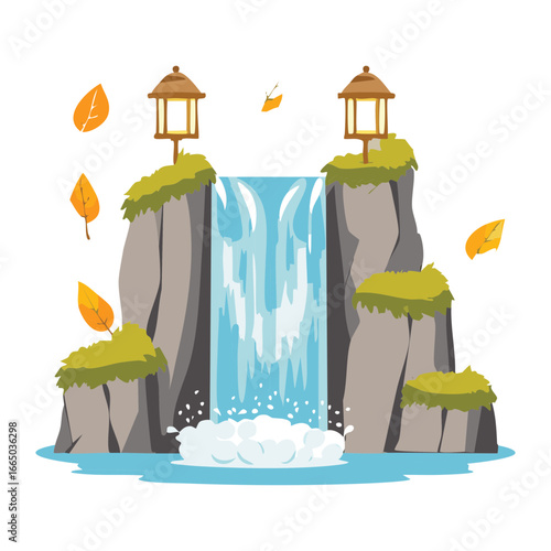 Tranquil autumn waterfall with a quaint wooden cabin and golden foliage illustration
