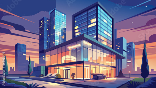 Illustration of a modern office building at twilight