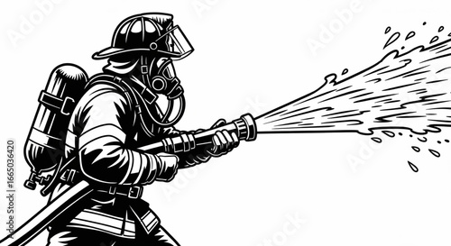"Firefighter spraying water, a powerful vector of safety and dedication