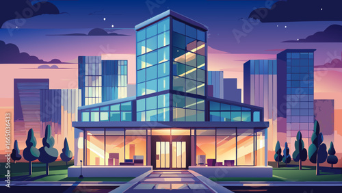 Illustration of a modern building at dusk in a city