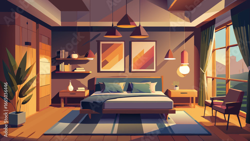 Illustration of a modern bedroom with natural lighting