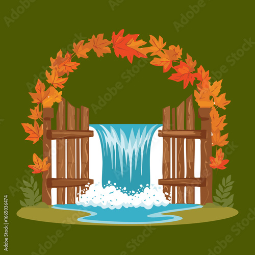 Tranquil waterfall with a wooden arch and vibrant autumn leaves in a peaceful setting illustration