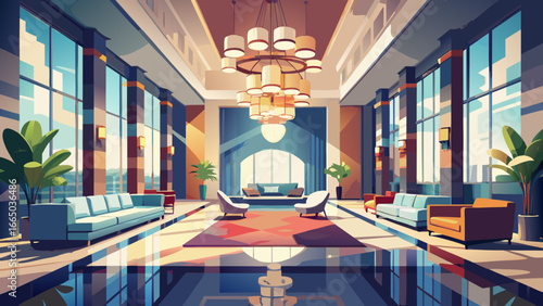 Illustration of a luxurious hotel lobby with seating