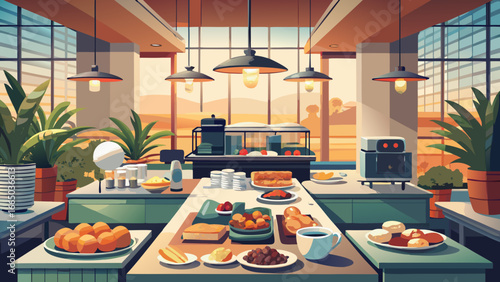Interior view of a restaurant with a buffet spread