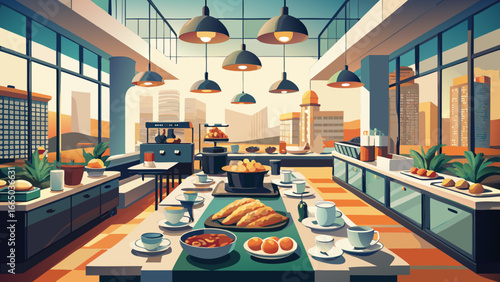 A buffet table with food in a modern urban setting