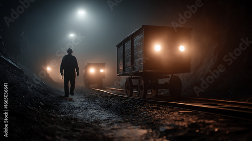 Coal Miner Walking Inside Underground Tunnel With Mining Cart
