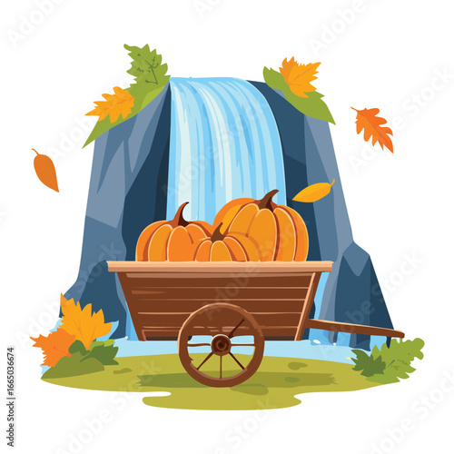 Enchanting waterfall with a rustic wooden cart full of pumpkins under a beautiful night sky illustration