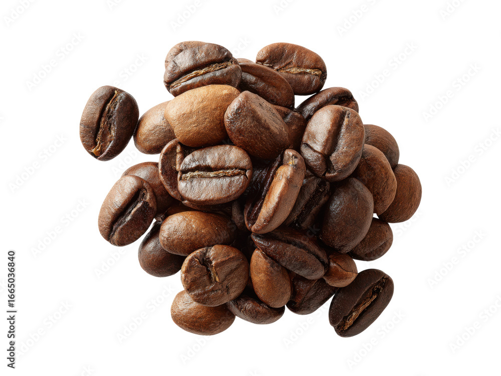Naklejka premium Close up pile of roasted coffee beans with dark brown color and textured surface on black background, Isolated, Png Transparent Background
