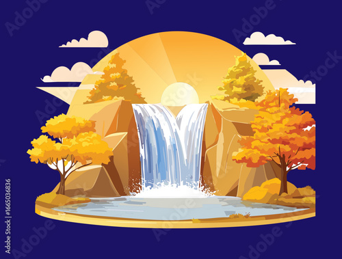  Scenic autumn waterfall with a deep night sky and a bright sunset on the horizon illustration