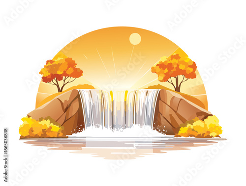 Picturesque autumn waterfall with a beautiful sunset and orange foliage in a serene setting illustration