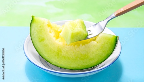 Juicy Honeydew Melon Slice Impaled on Fork, Served on Plate Against Vibrant Blue and Green Background