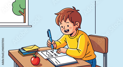A smiling cartoon boy sits at a desk writing with a pen, with an apple, books, and a window with a tree visible in the background.