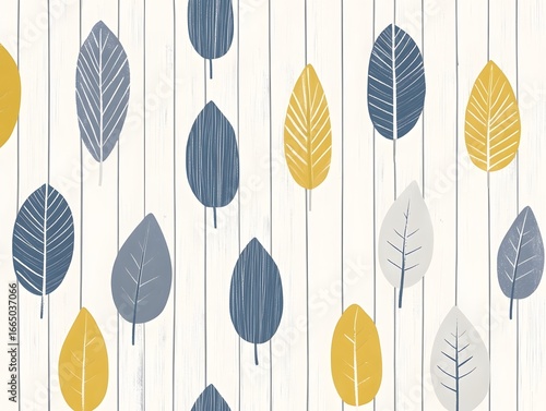 Stylish Abstract Leaf Pattern Mustard Yellow Grey Blue White Wooden Background