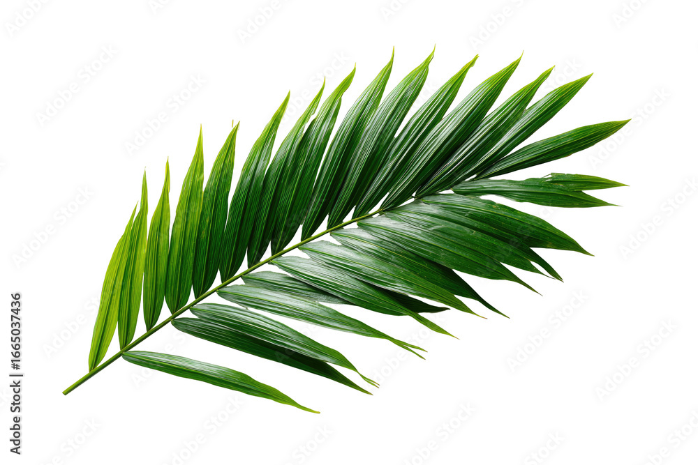 Fototapeta premium Close-up of a vibrant palm frond against a black background. Sharp, defined leaf segments radiate outward