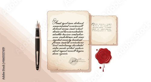 Vintage fountain pen rests beside aged paper with handwritten text and a red wax seal, creating a classic, elegant scene.