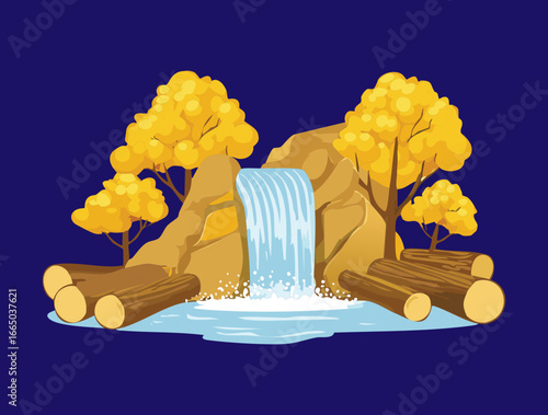 Serene autumn waterfall with yellow foliage and dark blue sky at twilight illustration