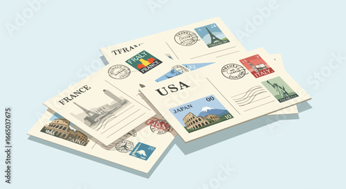 A collection of illustrated postcards featuring landmarks from France, USA, Japan, and Italy, stacked on a light blue surface.