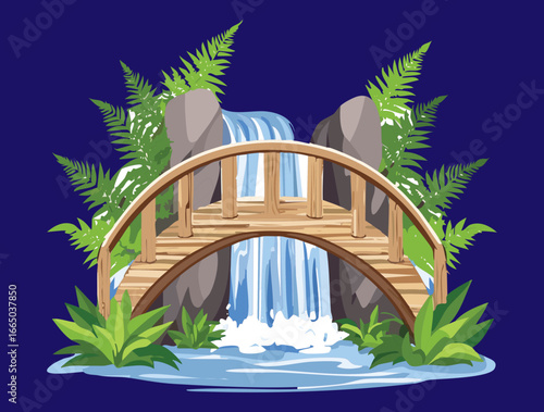 Mystical blue-toned waterfall with a wooden bridge and dark green foliage in a magical forest illustration