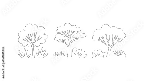 Simple Tree and Bush Line Art: Minimalist Illustration of Nature for Coloring Books, Design Projects, and Educational Materials in Black and White