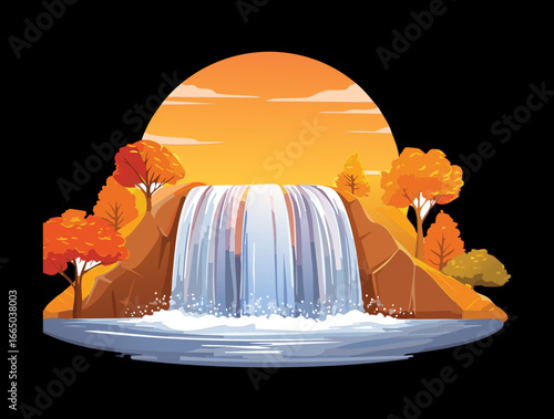  Vibrant autumn waterfall with fiery orange and red leaves under a beautiful sunset illustration