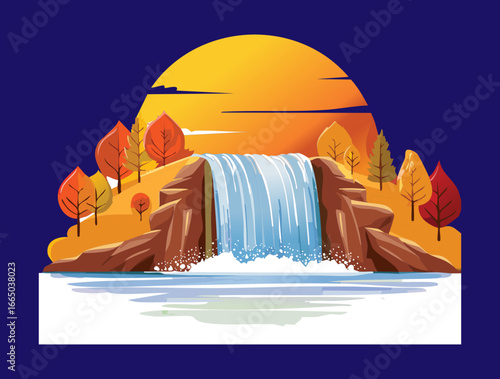 Picturesque autumn waterfall with colorful foliage and an orange sky at dusk illustration