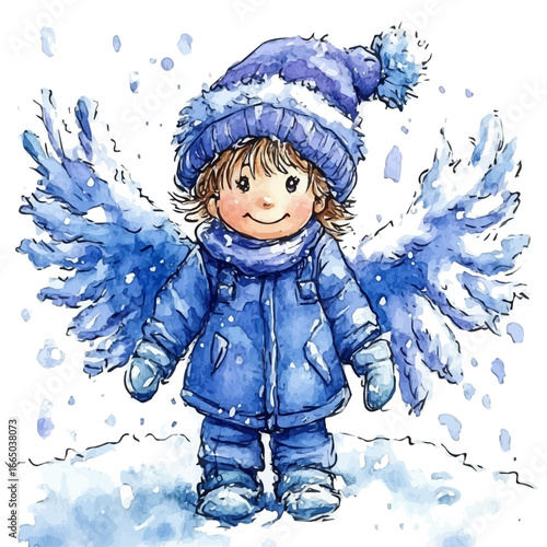 Snow Angel, watercolor drawing vector, isolated on a white background.