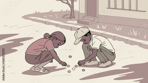 Two children play a game with marbles on the street near a house with a tree in the background