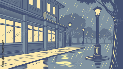 Rainy night scene featuring a building with illuminated windows and street lamps on a wet sidewalk