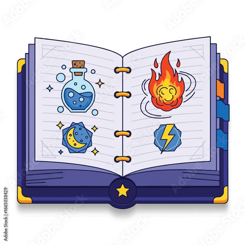An open magical spellbook displaying various elemental and potion symbols, including fire, lightning, moon, and a blue elixir.