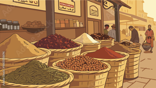 Baskets filled with various spices and goods at a bustling market scene with people around it selling stuff