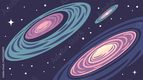 Illustration of three colorful galaxies with swirling arms and stars in a dark purple space scene
