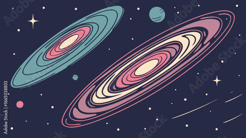 Illustration of two galaxies with swirling arms surrounded by stars and a planet in deep space