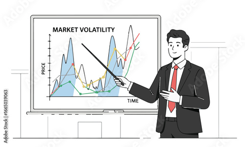 Businessman presenting market volatility graph, vector illustration