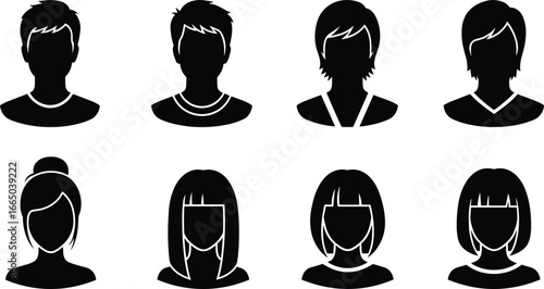 Set of eight male and female head silhouette avatars with diverse hairstyles, black and white vector icons for profile and design