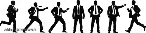 Set of seven business man silhouette vector illustrations in suits with briefcases, pointing, walking, standing, professional poses, and corporate style