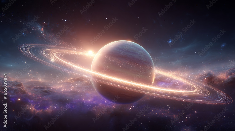 Fototapeta premium Vast Cosmic Expanse A Radiant Planet Engulfed by Sparkling Stellar Dust and Nebulae