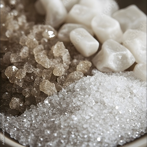 Close-up Detailed Shot of Various Sugar Types Brown White Granulated Sugar Crystals