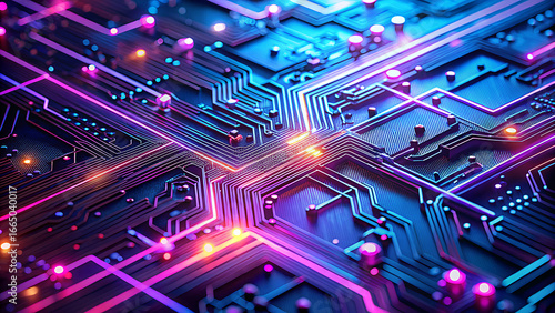 Abstract glowing circuit board with intricate pathways and vibrant neon lights representing advanced technology and digital data flow