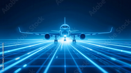 Futuristic Airplane in a Digital Landscape with Blue Light and Geometric Lines