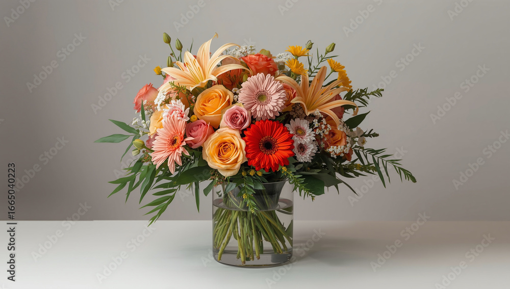 Fototapeta premium A bouquet of flowers in a glass vase in various colors sits on a table against a bright wall. An elegant spring floral arrangement.