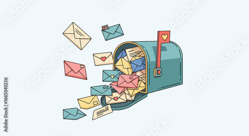 An overflowing mailbox with letters and envelopes of various colors, some with heart decorations, against a light blue background.
